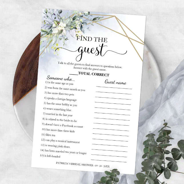 Greenery Bridal Shower Find The Guest Game Flyer | Zazzle