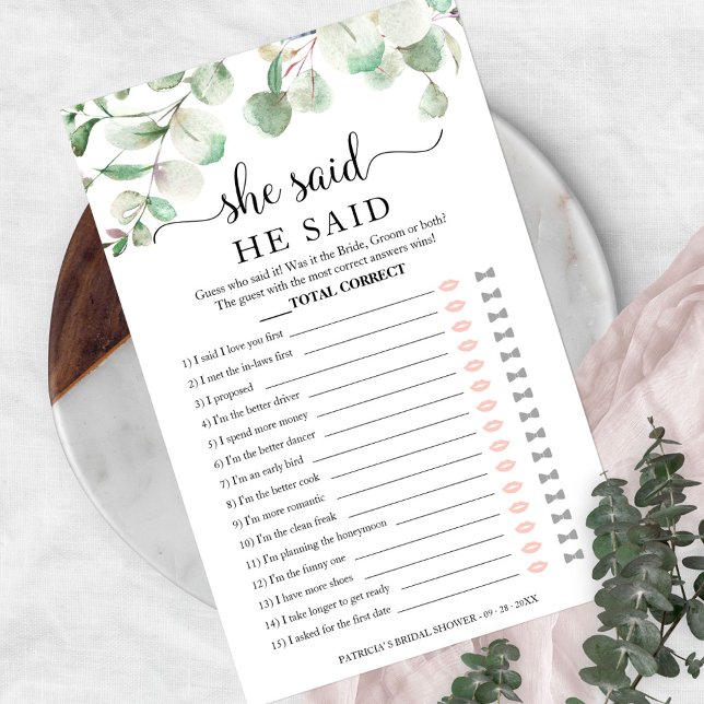 Greenery Bridal Shower He Said She Said Game Flyer (Creator Uploaded)