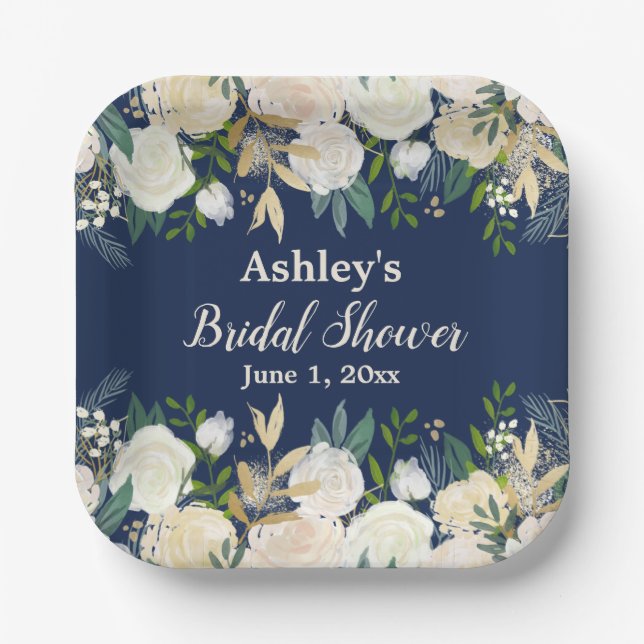Greenery Bridal Shower Navy Blue Engagement Party Paper Plates (Front)