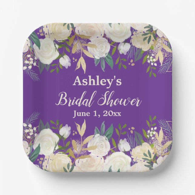 Greenery Bridal Shower Purple Engagement Party Paper Plates (Front)