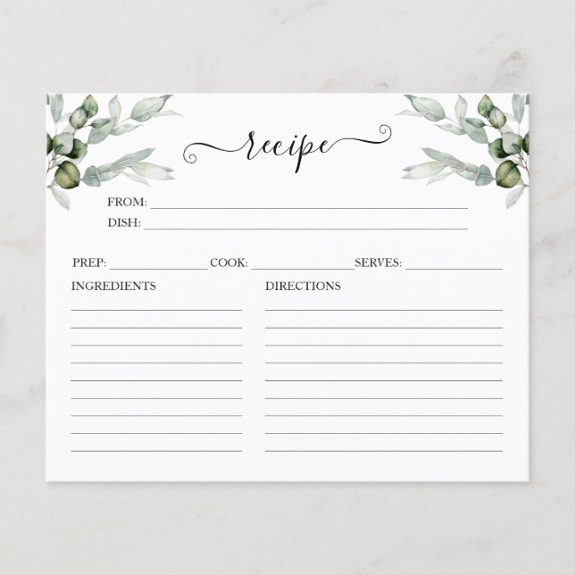 Greenery Bridal Shower Recipe Cards (Front)