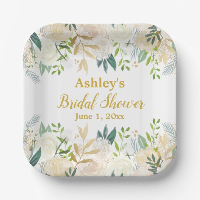 Greenery Bridal Shower White Gold Engagement Party Paper Plates (Front)