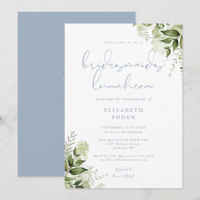 Greenery Bridesmaids Luncheon Dusty Blue Invitation (Front/Back)