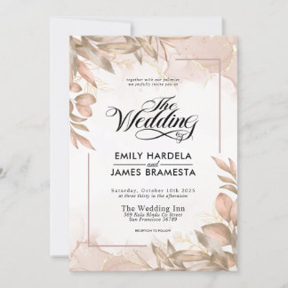 Greenery Brown and Beige Floral Watercolor Wedding Invitation