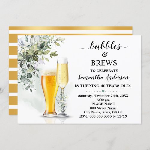 Greenery Bubbles and Brews Adults Birthday Invitation