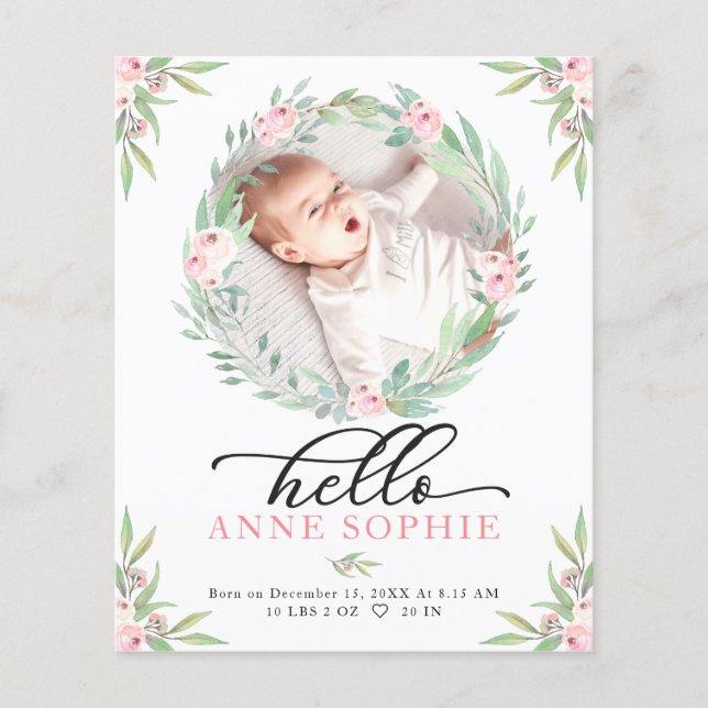 Greenery Budget Birth Announcement Thank You Card (Front)