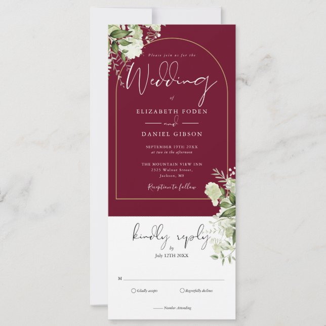 Greenery Burgundy Gold Arch All In One Wedding Invitation (Front)