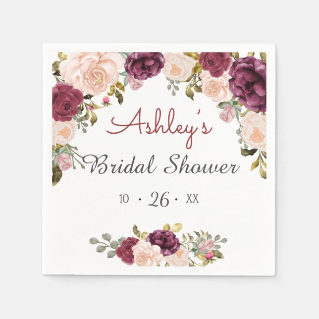 Greenery Burgundy Marsala Red Floral Bridal Shower Napkins (Front)