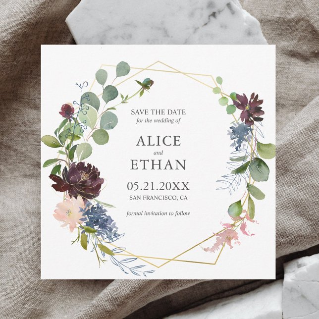Greenery Burgundy Navy Blue Flowers Wedding Save The Date (Creator Uploaded)