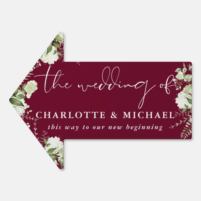 Greenery Burgundy Wedding This Way Arrow Sign (Front)