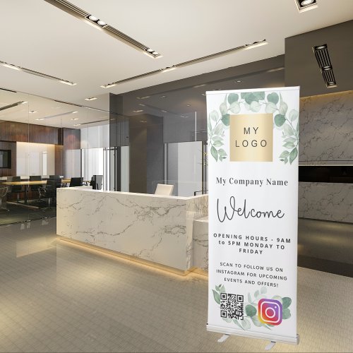Greenery business logo opening hours QR Instagram Retractable Banner