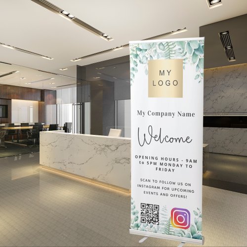 Greenery business logo opening hours QR Instagram Retractable Banner