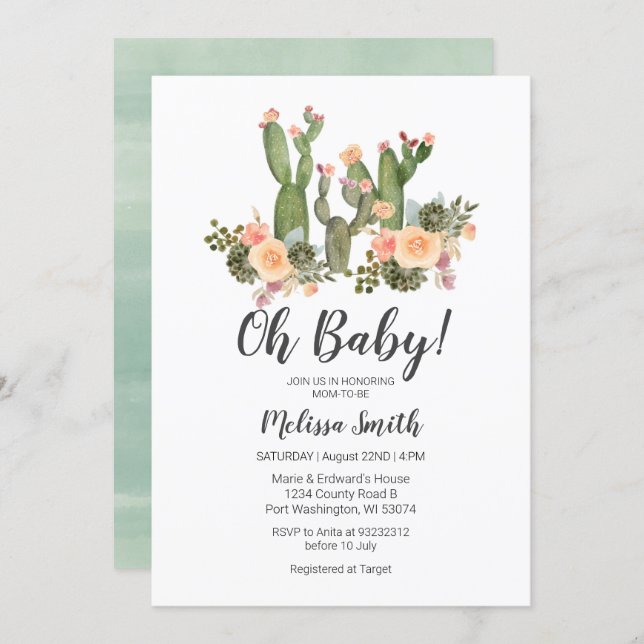 Greenery Cactus boy baby shower invitation (Front/Back)