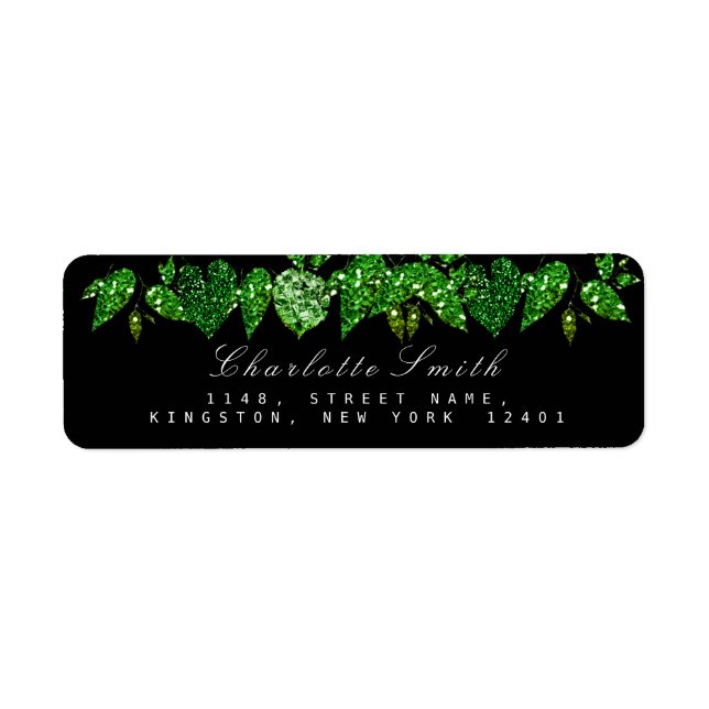 Greenery Cali Black Glitter Woodland Ivy Leaf RSVP Label (Front)