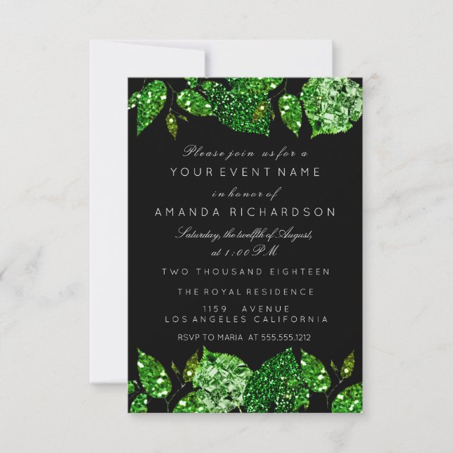 Greenery Cali Glitter Woodland Ivy Leaf Black Lux Invitation (Front)