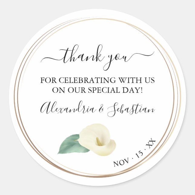 Greenery Calla Lily Wedding Thank You Classic Round Sticker (Front)