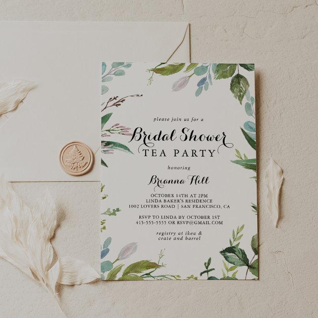 Greenery Calligraphy Bridal Shower Tea Party Invitation (Creator Uploaded)