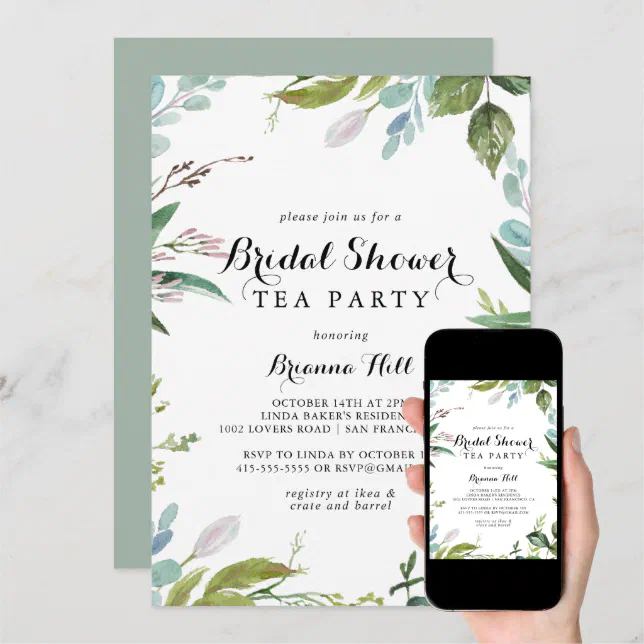 Greenery Calligraphy Bridal Shower Tea Party Invitation | Zazzle