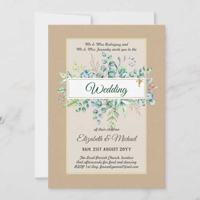 Greenery CATHOLIC Wedding Christian Budget Modern Invitation (Front)