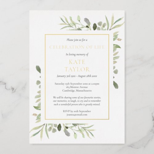Greenery Celebration of Life Funeral Gold Foil Invitation
