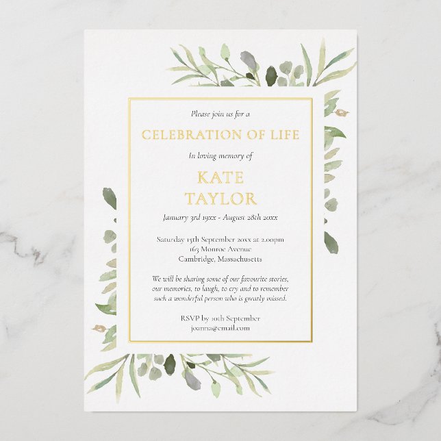 Greenery Celebration of Life Funeral Gold Foil Invitation (Front)