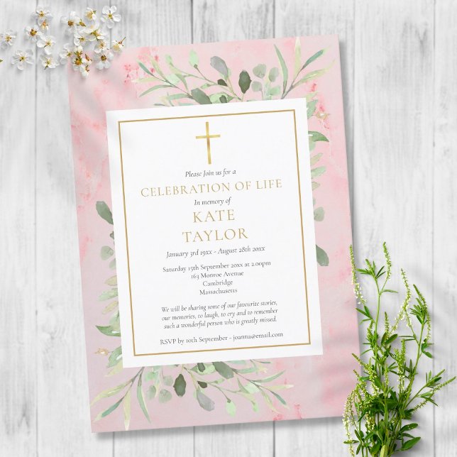 Greenery Celebration of Life Funeral Pink Marble Invitation (Creator Uploaded)