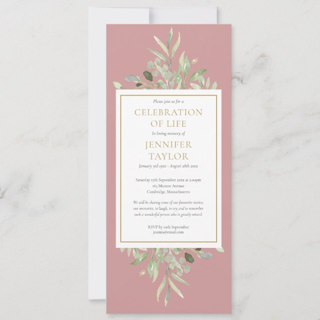 Greenery Celebration of Life Funeral Service  Invi Invitation (Front)