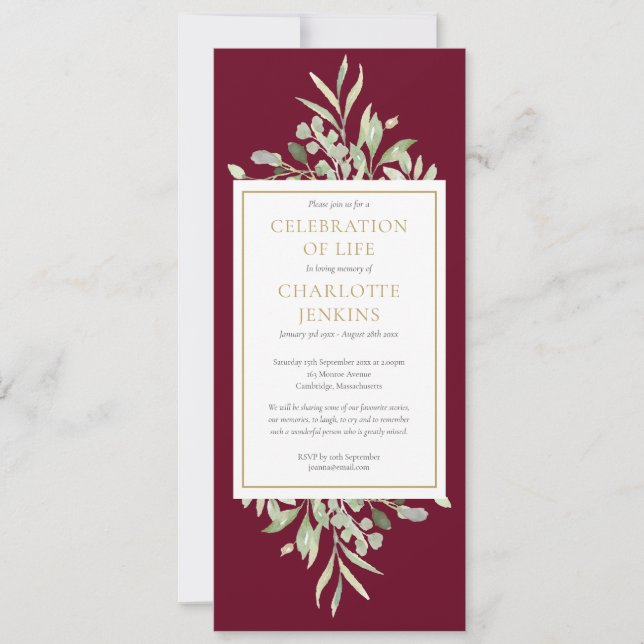 Greenery Celebration of Life Funeral Service  Invitation (Front)