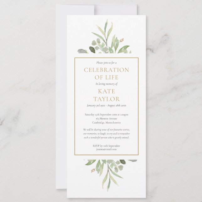 Greenery Celebration of Life Funeral Service Invitation (Front)