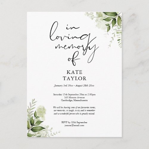 Greenery Celebration of Life Memorial Announcement Postcard