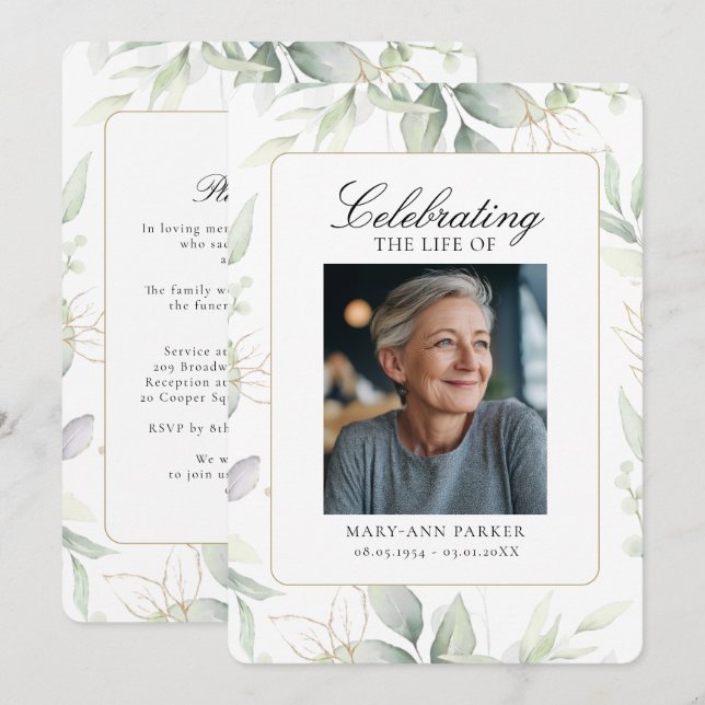 Greenery "Celebration of Life" Photo Funeral   Invitation (Front/Back)
