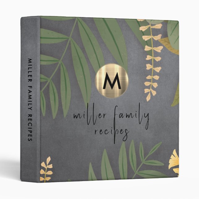 Greenery Chalkboard Gold Monogram Family Recipe 3 Ring Binder (Front/Spine)