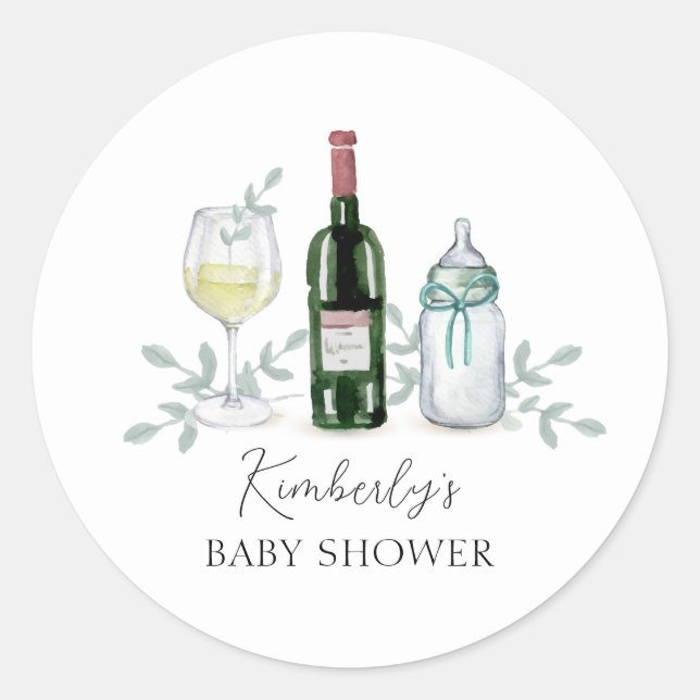 Greenery Champagne Sip & See Baby Shower Classic Round Sticker (Front)