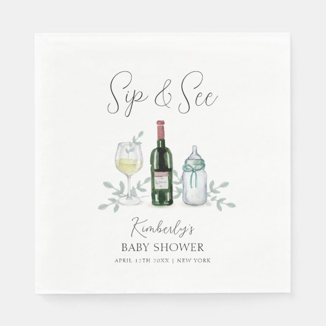 Greenery Champagne Sip & See Baby Shower Napkins (Front)