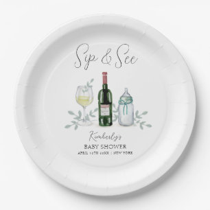 Greenery Champagne Sip & See Baby Shower Paper Plates