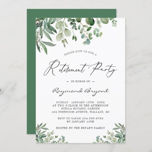 Greenery Chic Eucalyptus Leaves Retirement Party Invitation - Greenery Chic Eucalyptus Leaves Retirement Party Invitation. For further customization, please click the "customize further" link and use our design tool to modify this template. If you prefer Thicker papers / Matte Finish, you may consider to choose the Matte Paper Type. If you need help or matching items, please contact me.