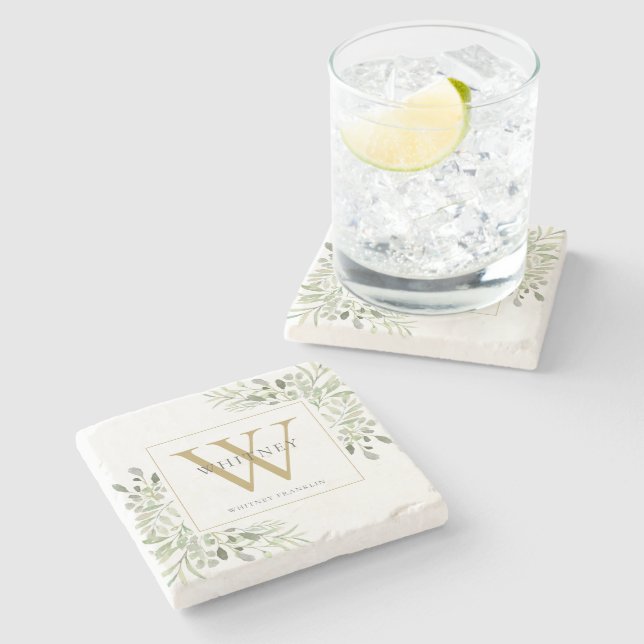Greenery Chic Gold Monogram Stone Coaster (Side)