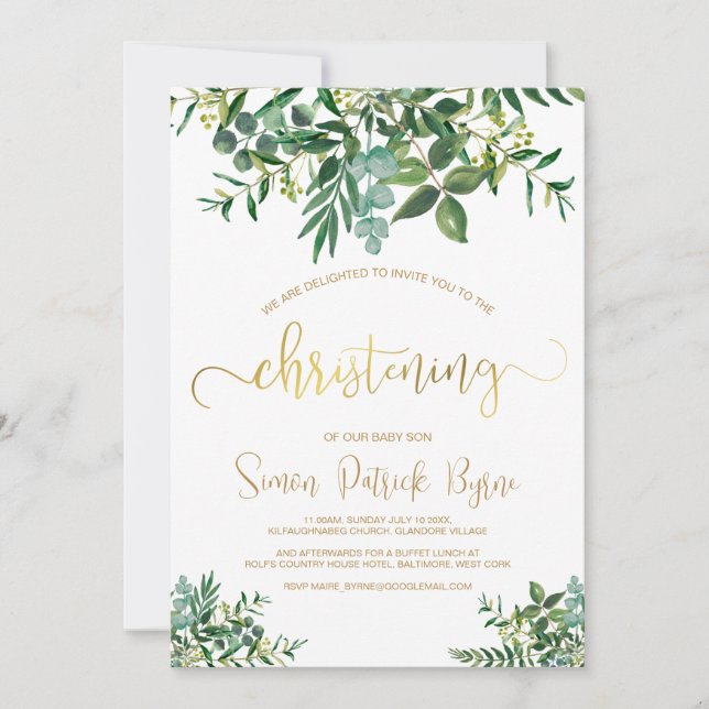 Greenery Christening Announcement Gold Script (Front)