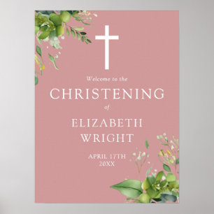 Greenery Christening Dusty Rose Pink Welcome Sign