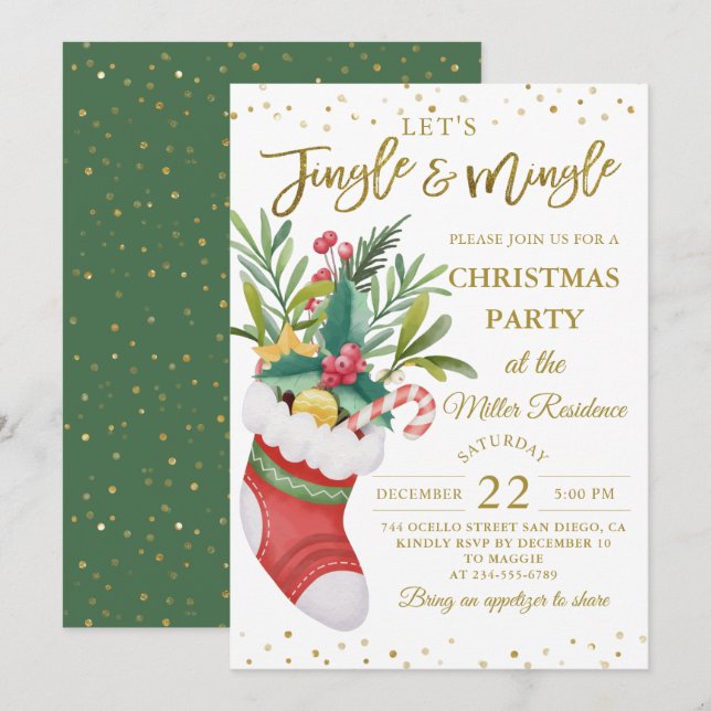 Greenery Christmas Bouquet Sock Jingle and Mingle Invitation (Front/Back)