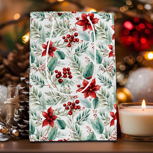Greenery Christmas Flower Poinsettia Medium Gift Bag (Creator Uploaded)
