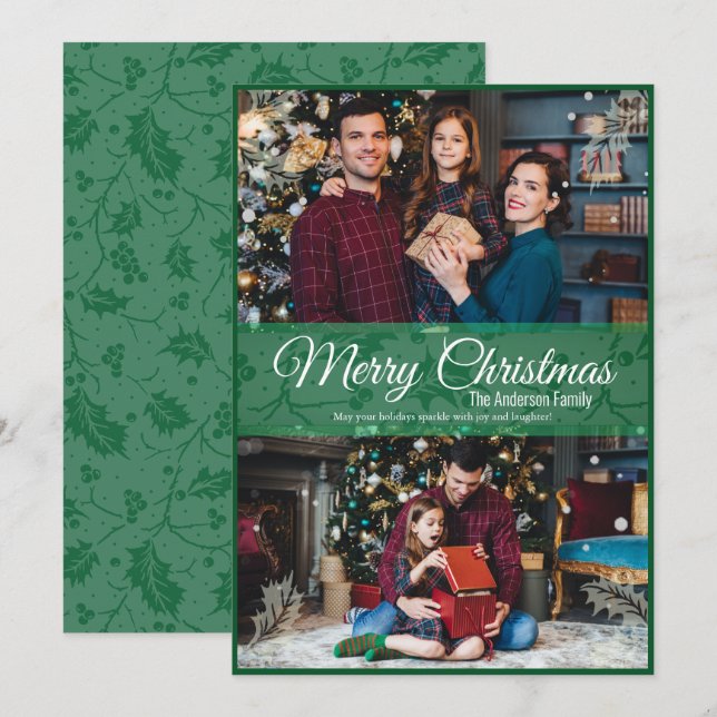 Greenery Christmas Holly Leaf Green Frame 2 Photo Holiday Card (Front/Back)