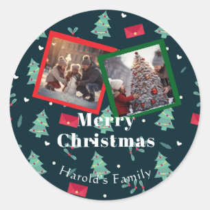 Greenery Christmas Monogram Photo Classic Round Sticker