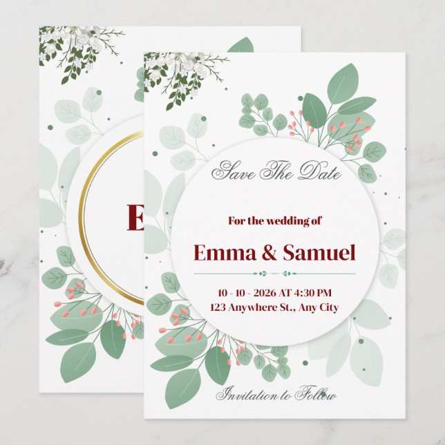 Greenery Circle Save The Date Card (Front/Back)