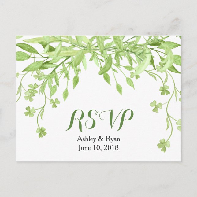 Greenery Clover Floral Wedding RSVP Invitation Postcard (Front)