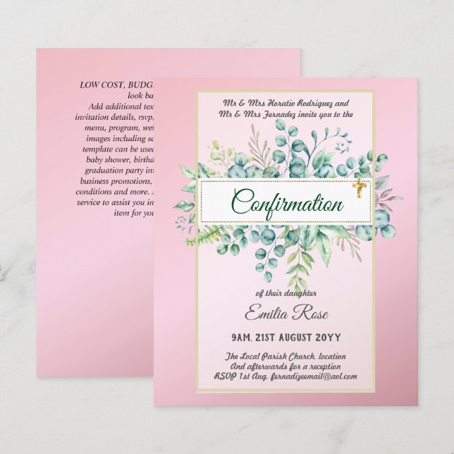 Greenery CONFIRMATION Invite Modern Double Sided (Front/Back)