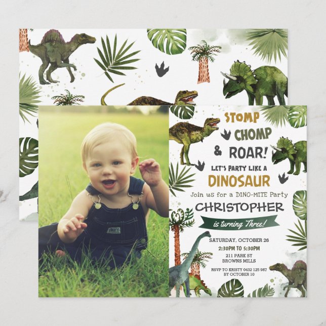 Greenery Cool Dinosaurs T-Rex Birthday Party Photo Invitation (Front/Back)