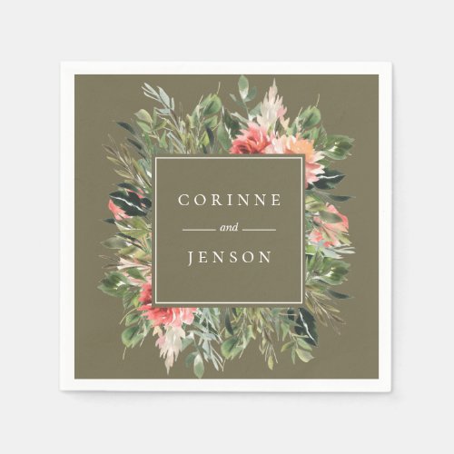 Greenery Coral Floral Personalized Paper Napkins