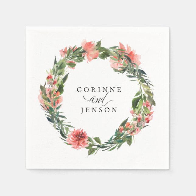 Greenery Coral Floral Personalized Paper Napkins (Front)