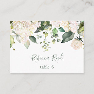 Greenery, cream hydrangea & roses table place card